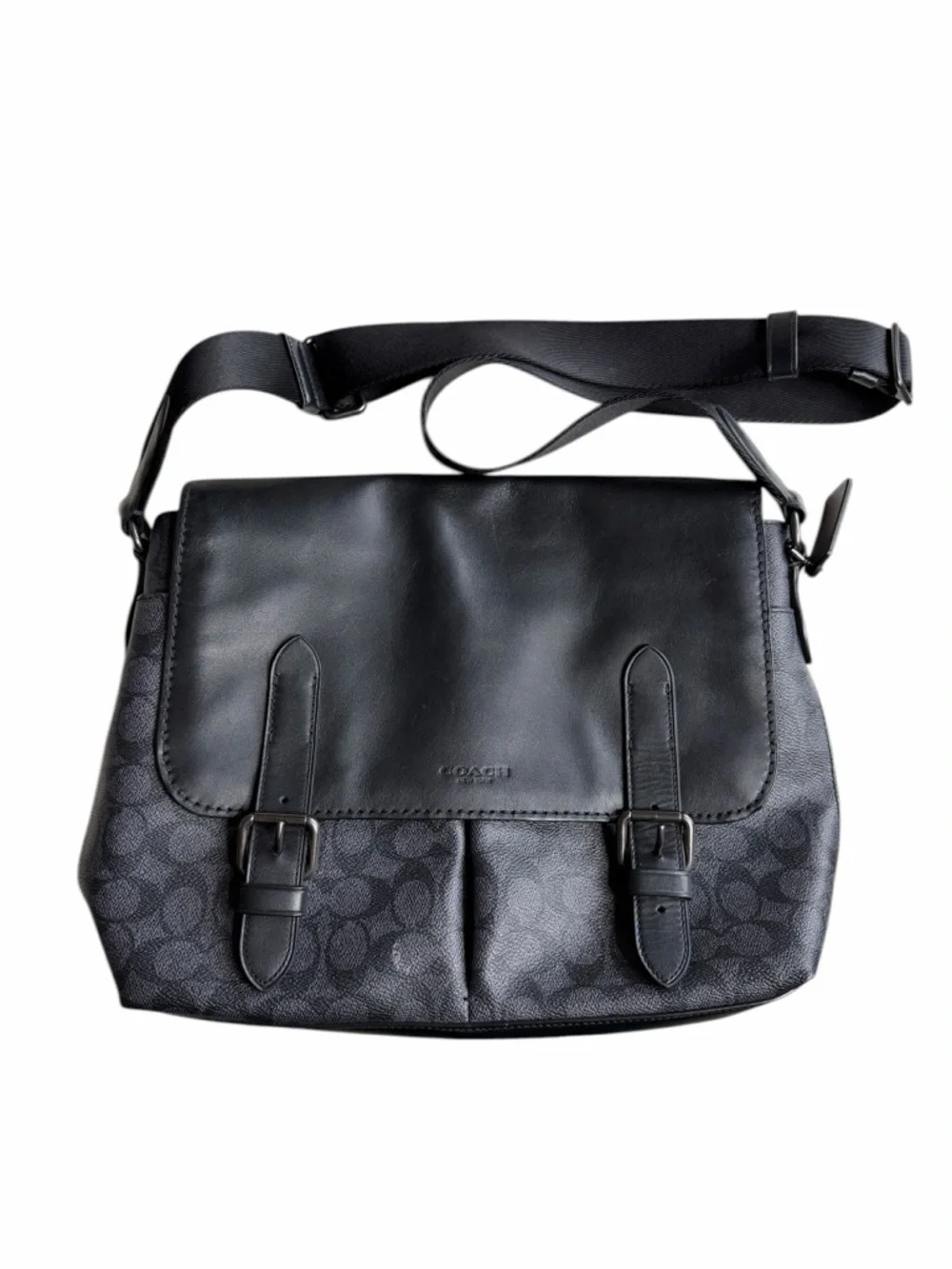 COACH Black‎ Gray Signature Canvas and Leather Messenger Bag Metropolitan Canvas